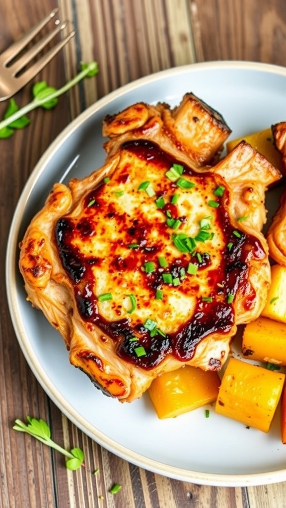Juicy air fryer pork chop with golden crust and fresh herb garnish on a rustic wooden table.